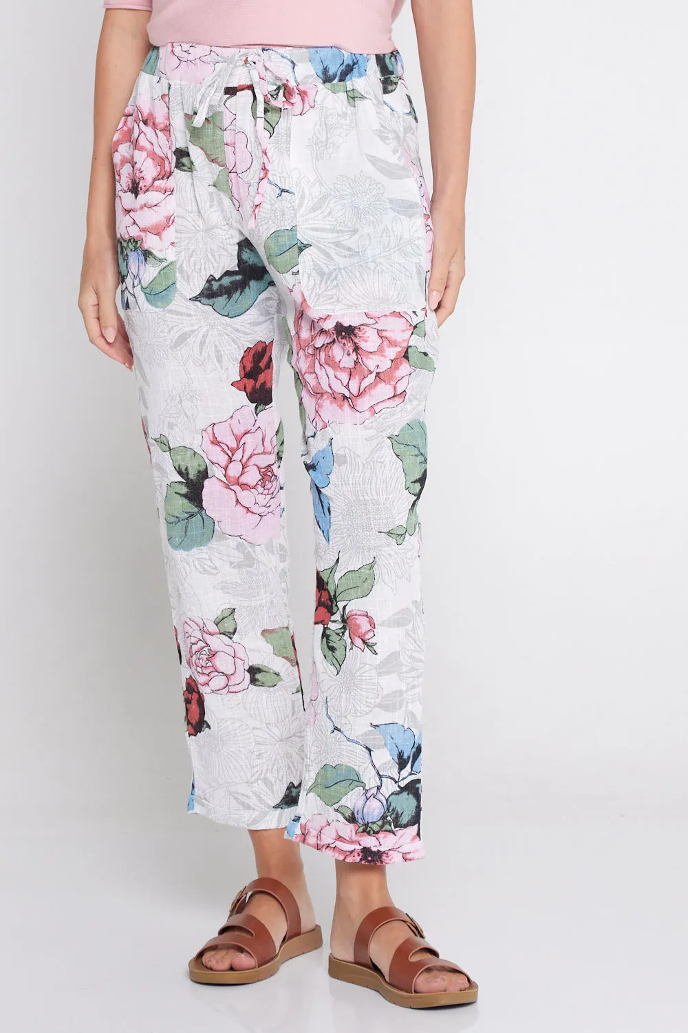 Kiana Linen Pants  - White Floral