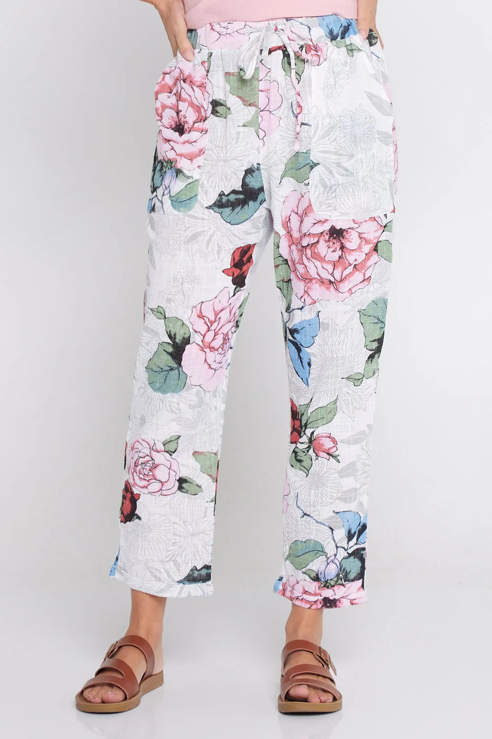 Kiana Linen Pants  - White Floral