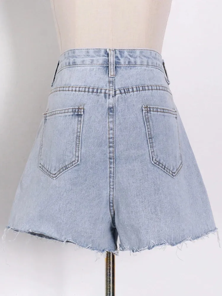 Korean Patchwork Pearl Short Pants For Women High Waist Solid Minimalist Denim Shorts Female Fashion Clothes Summer