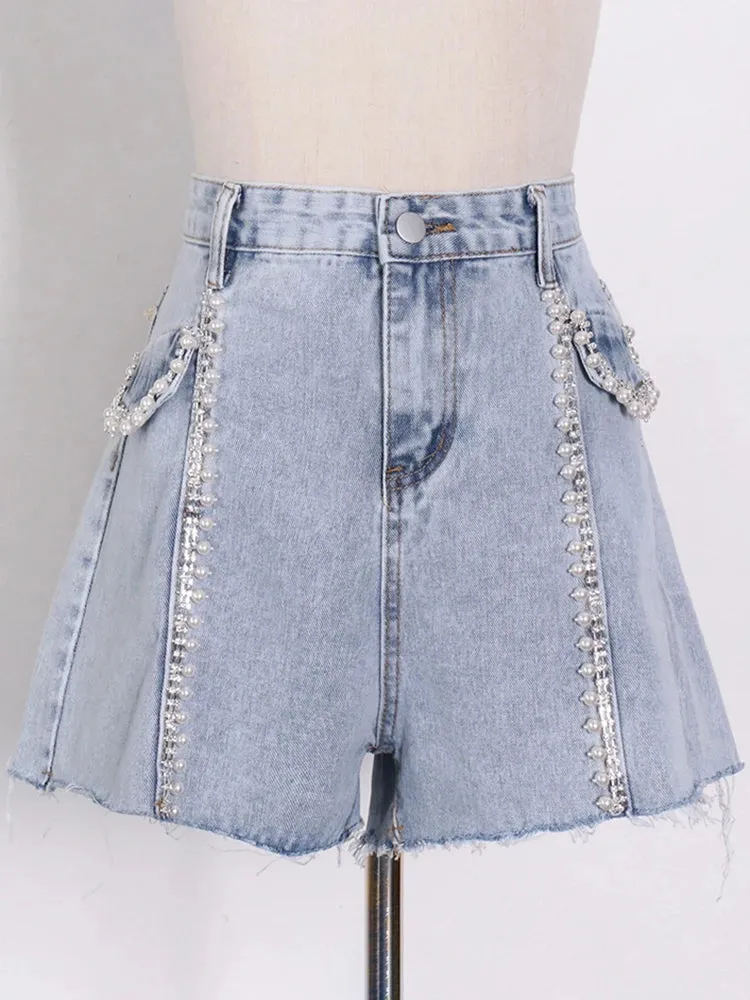 Korean Patchwork Pearl Short Pants For Women High Waist Solid Minimalist Denim Shorts Female Fashion Clothes Summer