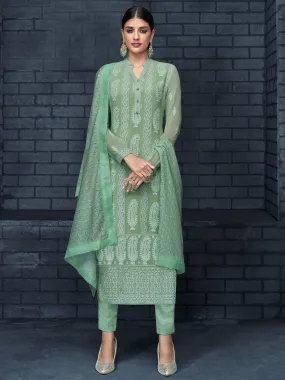 Light Green Over All Lucknowi Embroidered Designer Pant Suit