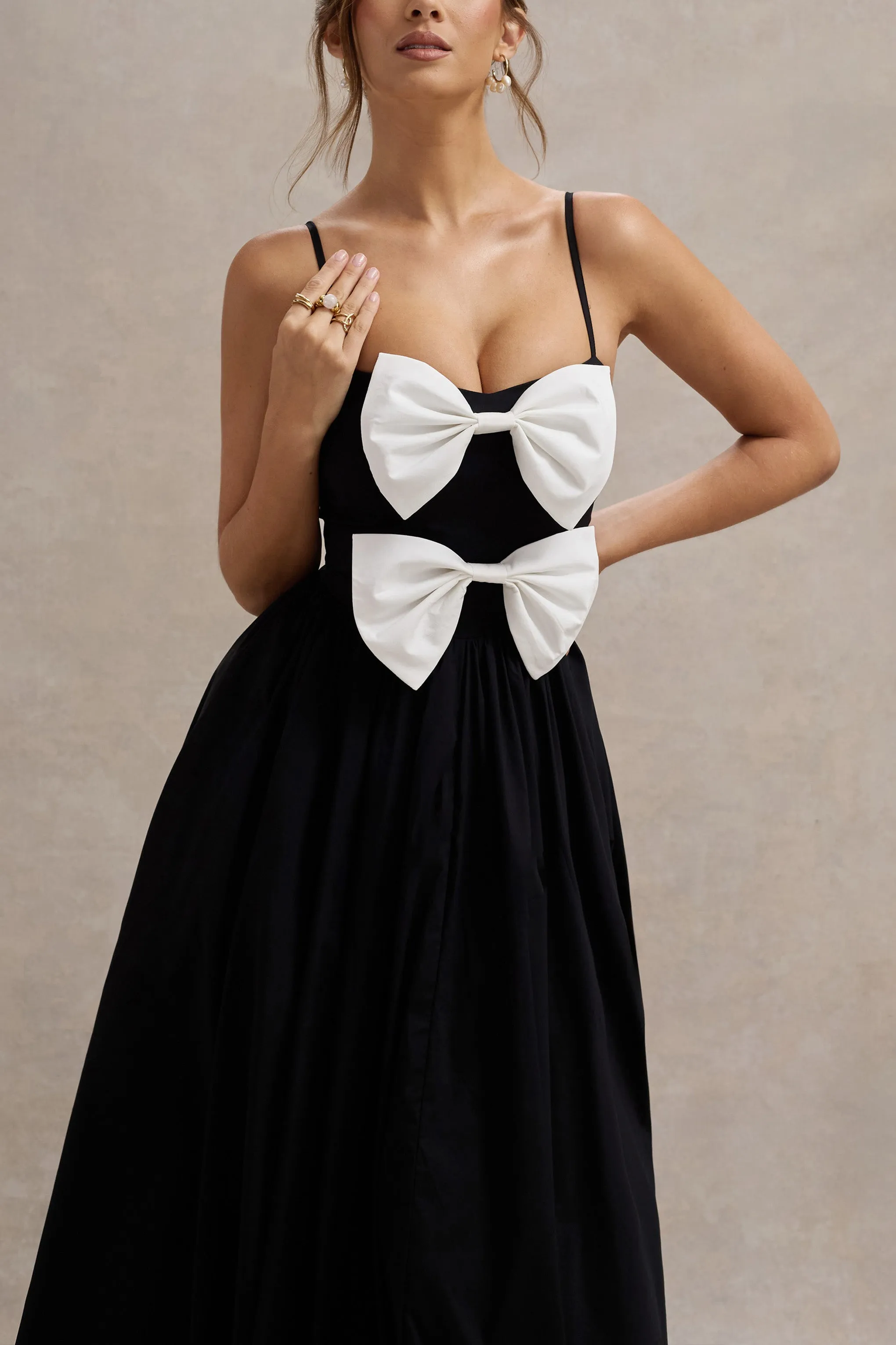 Loved Up | Black Strappy Pleated Maxi Dress With Bows