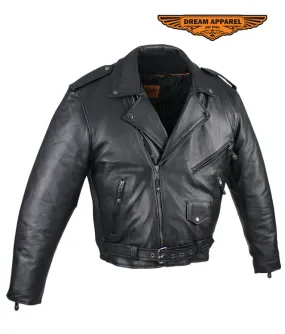 Mens Naked Cowhide Leather Motorcycle Jacket With Snap Down Collar & Belt