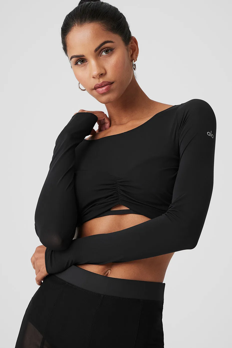 Mesh Sheer Illusion Cropped Long Sleeve - Black