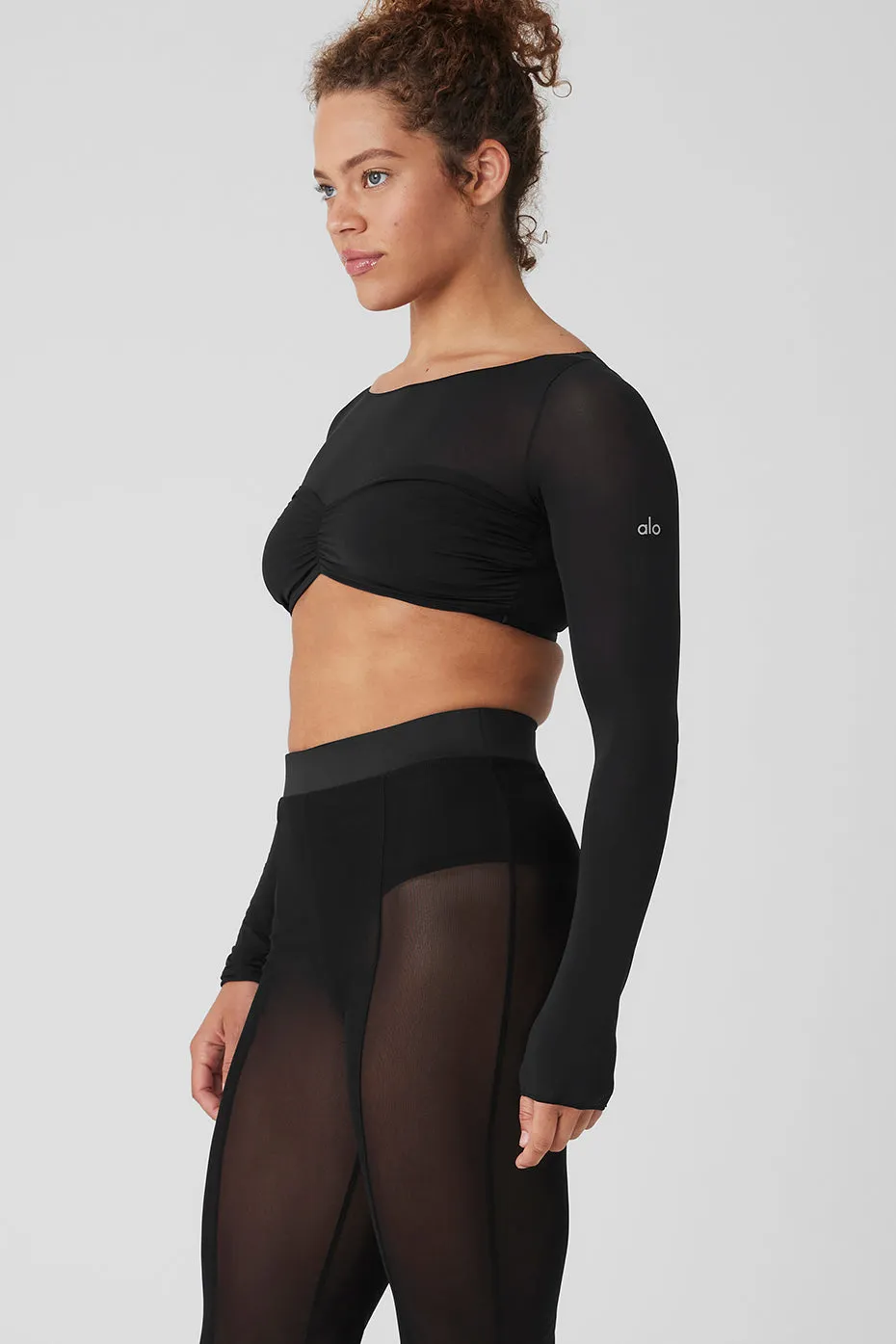 Mesh Sheer Illusion Cropped Long Sleeve - Black