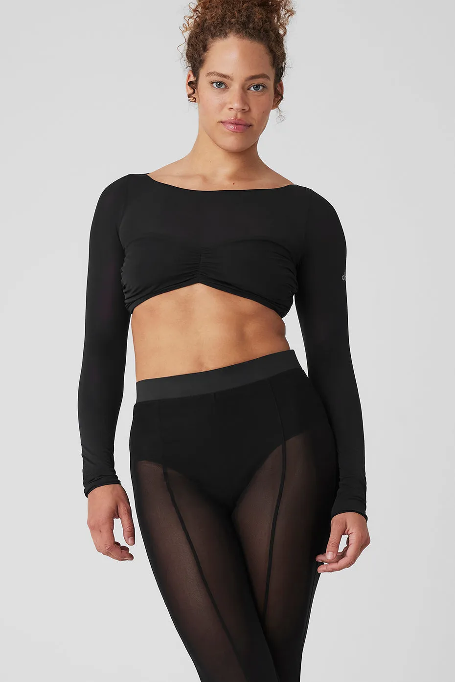 Mesh Sheer Illusion Cropped Long Sleeve - Black