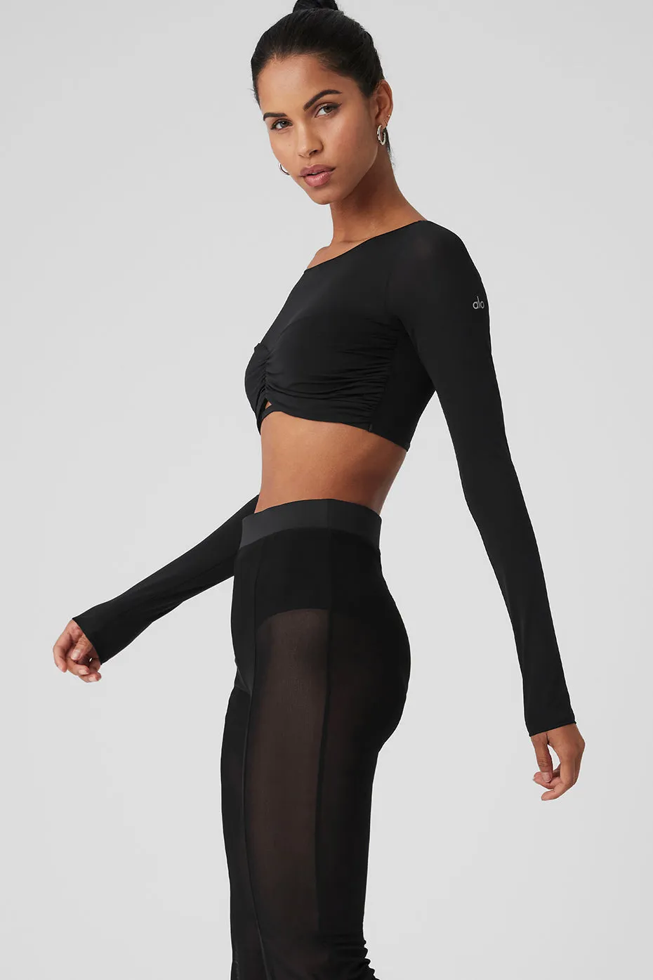 Mesh Sheer Illusion Cropped Long Sleeve - Black