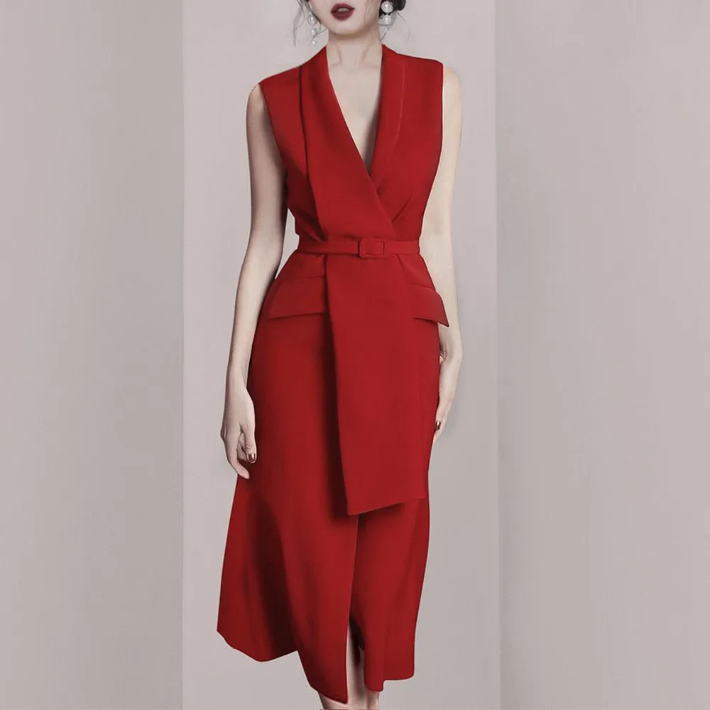 Minimalist Dresses For Women Notched Collar Sleeveless High Waist Tunic Patchwork Belt Red Dress Female Fashion