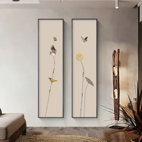 Minimalist Floral Birds & Butterfly Wall Art Fine Art Canvas Prints Tall Vertical Format Pictures For Foyer Lobby Reception Room Art Decor