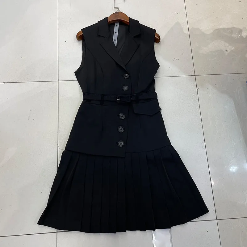 Minimalist Patchwork Dress For Women Notched Collar Sleeveless High Waist Sashes Pleated Dresses Female