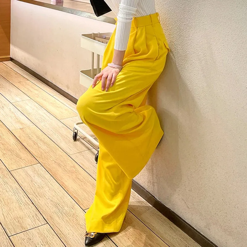 Minimalist Solid Wide Leg Pants For Women High Waist Straight Casual Loose Black TrousersFemale Fashion