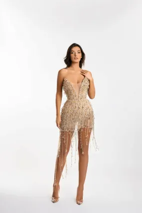 MINNA Luz Nude Sequin and Crystal Fringe Mini