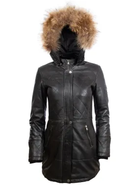 N5SQ Women's Trench Fur Hood Coat - Black