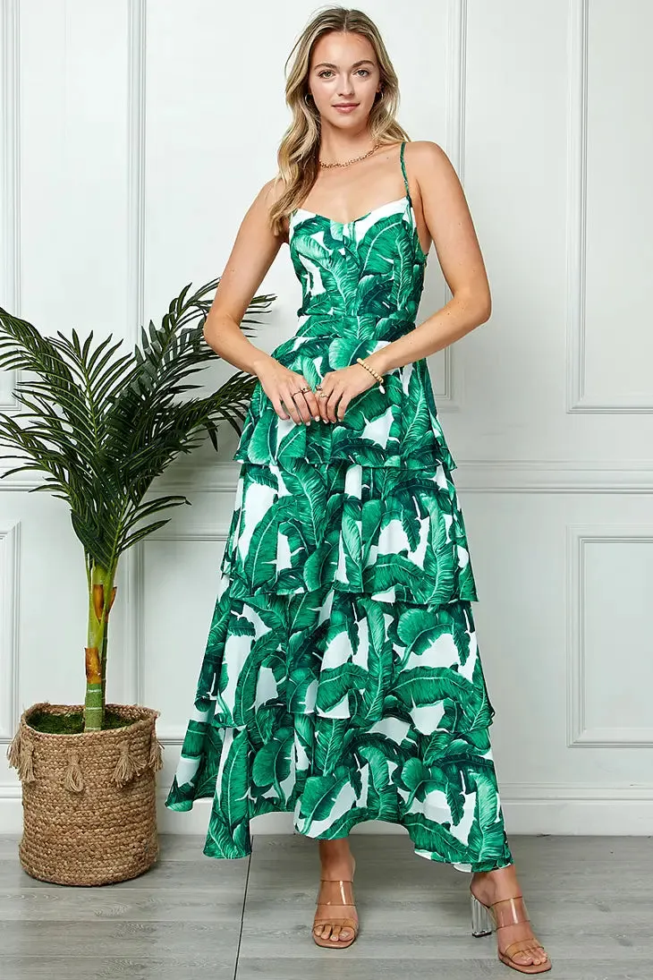 Palm Print Open Back Maxi Dress