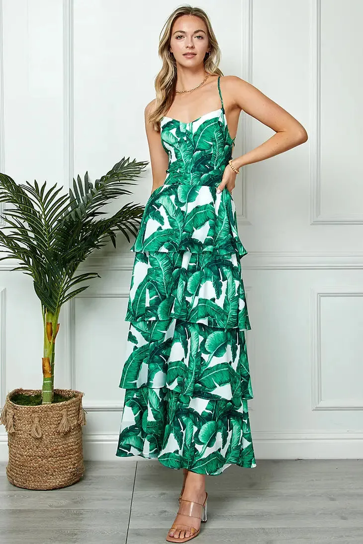 Palm Print Open Back Maxi Dress