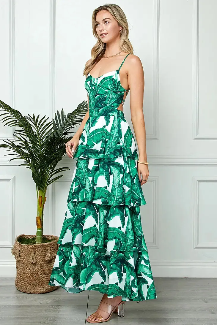 Palm Print Open Back Maxi Dress