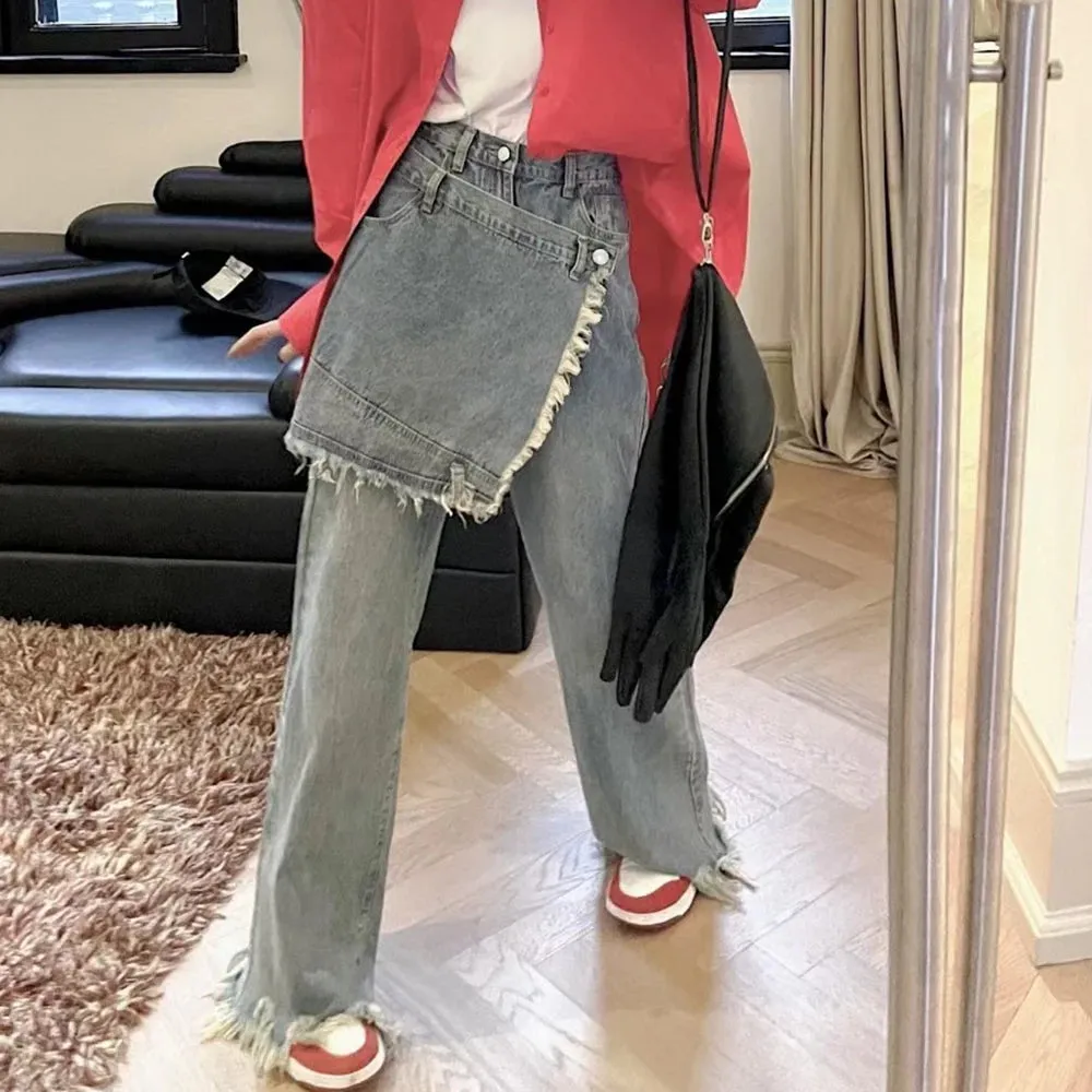 Patchwork Fake Two Piece Wide Leg Pants For Women High Waist Solid Minimalist Jeans Female Korean Fashion Clothing