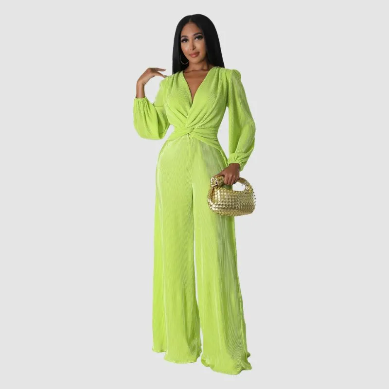 Pleated Long Sleeve Jumpsuits