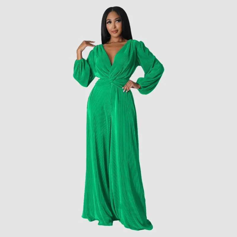 Pleated Long Sleeve Jumpsuits