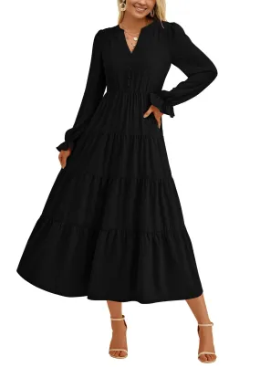 PRETTYGARDEN Women's Fall Maxi Dress Long Sleeve V Neck Tiered Ruffle Flowy A Line Cocktail Party Dresses (Black,X-Large)