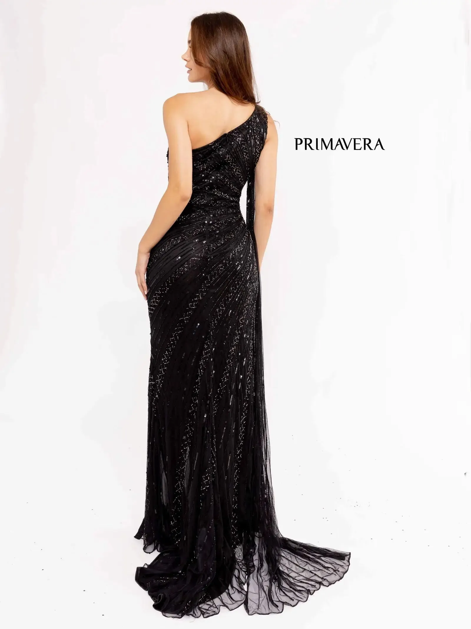 Primavera Couture 3956 Long Fitted Beaded One Shoulder Cape Prom Dress Slit Pageant Gown