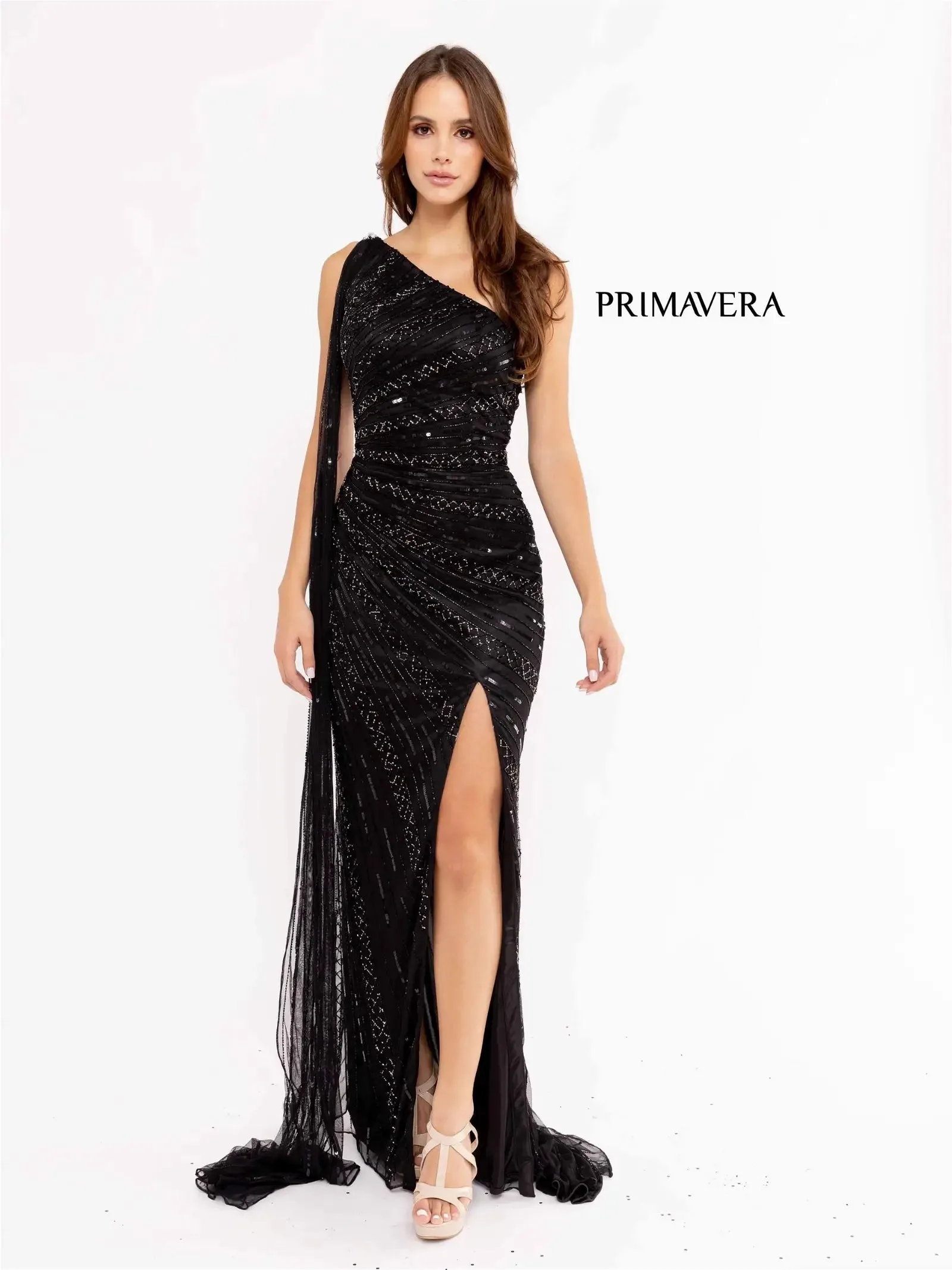 Primavera Couture 3956 Long Fitted Beaded One Shoulder Cape Prom Dress Slit Pageant Gown