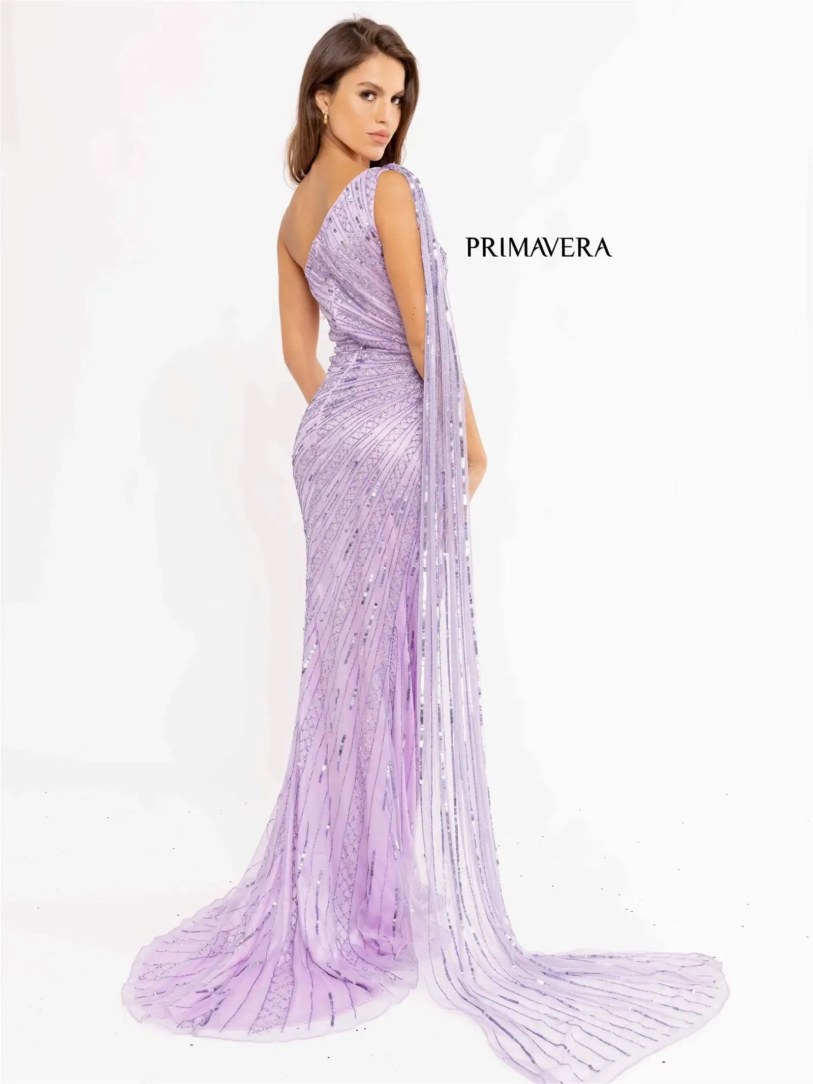 Primavera Couture 3956 Long Fitted Beaded One Shoulder Cape Prom Dress Slit Pageant Gown