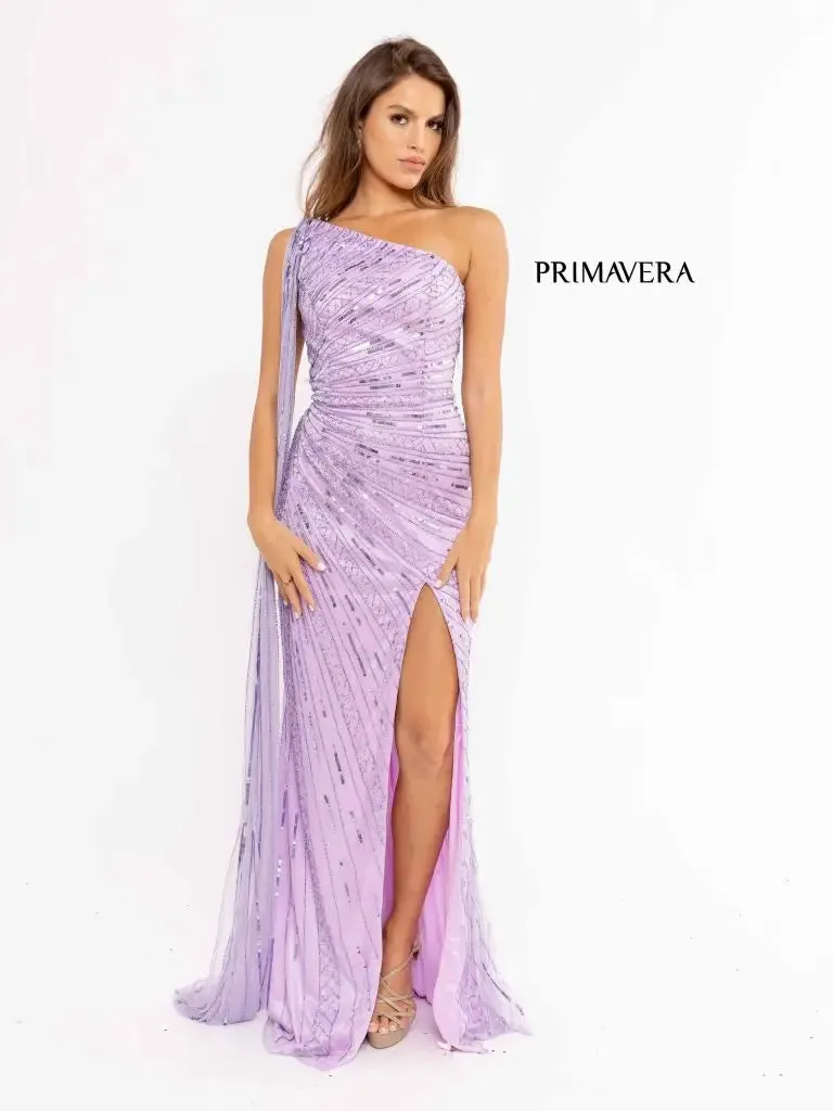 Primavera Couture 3956 Long Fitted Beaded One Shoulder Cape Prom Dress Slit Pageant Gown