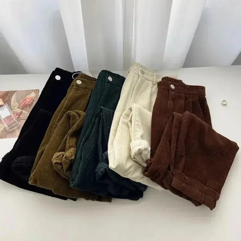 Retro High Waist Corduroy Pants Women Spring Fall Straight Causal Full Length Trousers Korean Fashion Baggy Outwear Pant 2024