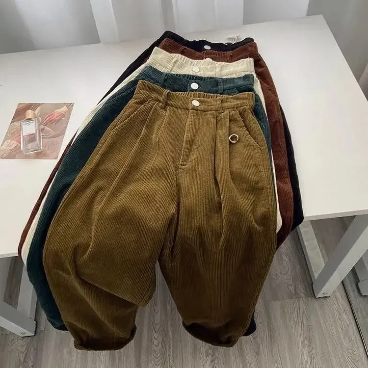 Retro High Waist Corduroy Pants Women Spring Fall Straight Causal Full Length Trousers Korean Fashion Baggy Outwear Pant 2024