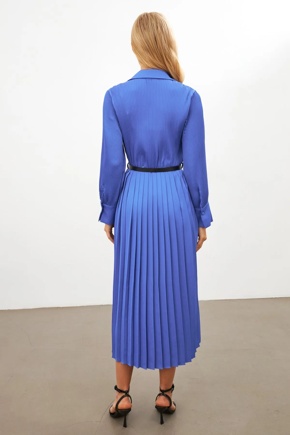 Setre Belted Pleated Shirt Collar Long Sleeve Dress Blue