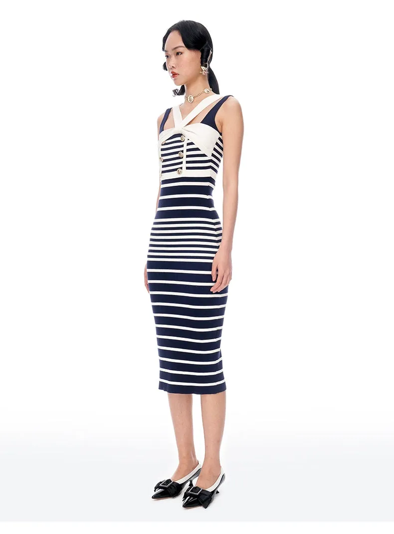 Sexy navy gradient stripe knitted bodycon dress - Afisa