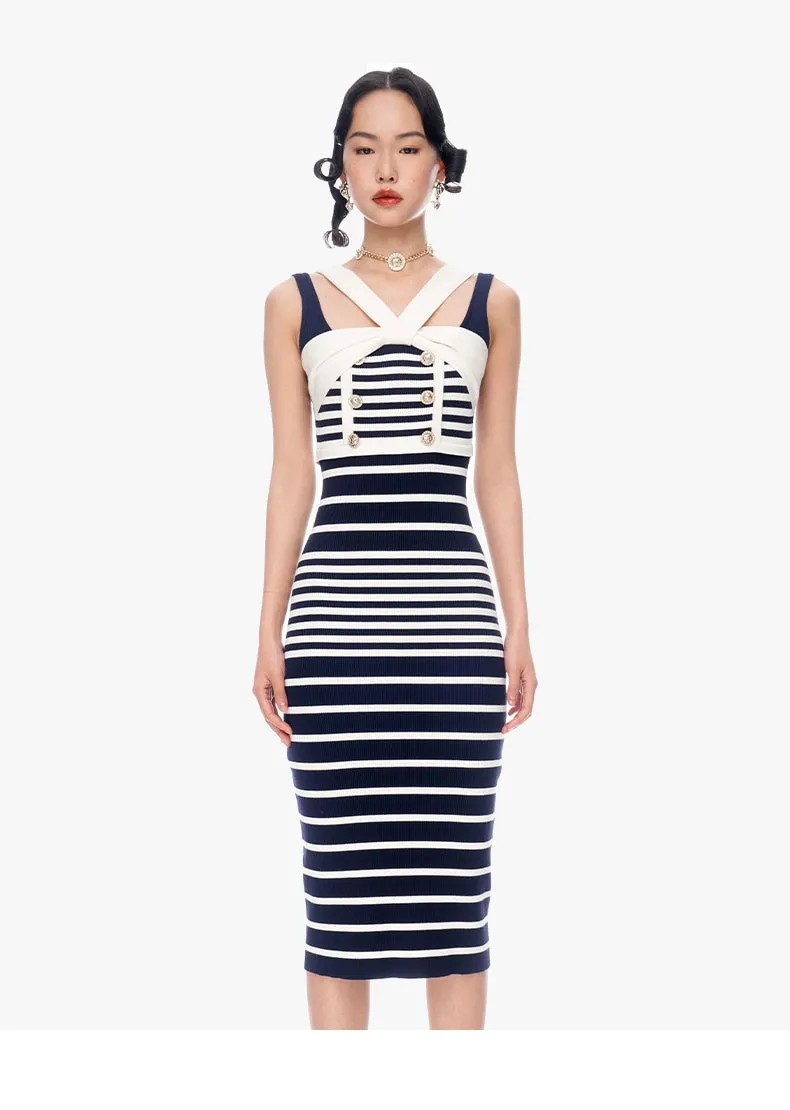 Sexy navy gradient stripe knitted bodycon dress - Afisa