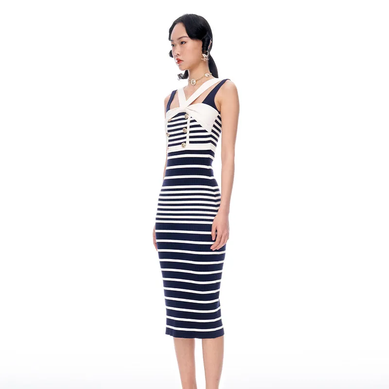 Sexy navy gradient stripe knitted bodycon dress - Afisa