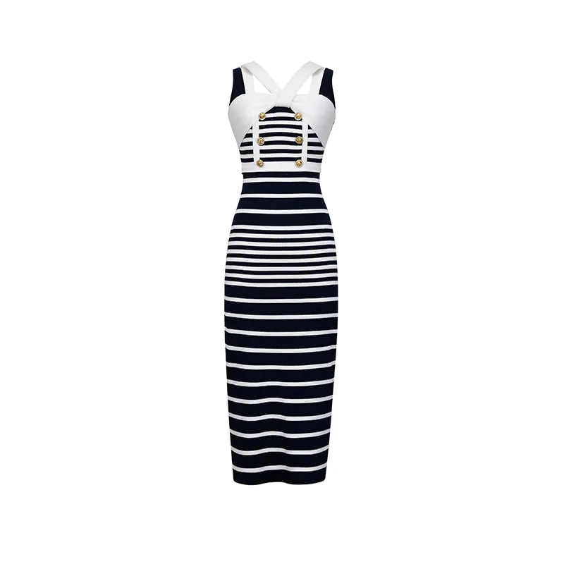 Sexy navy gradient stripe knitted bodycon dress - Afisa