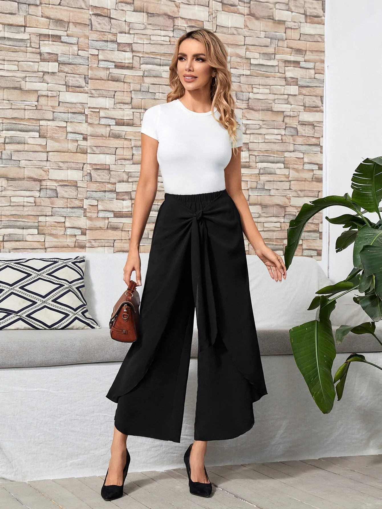 SHEIN EMERY ROSE Tie Front Wide Leg Pants