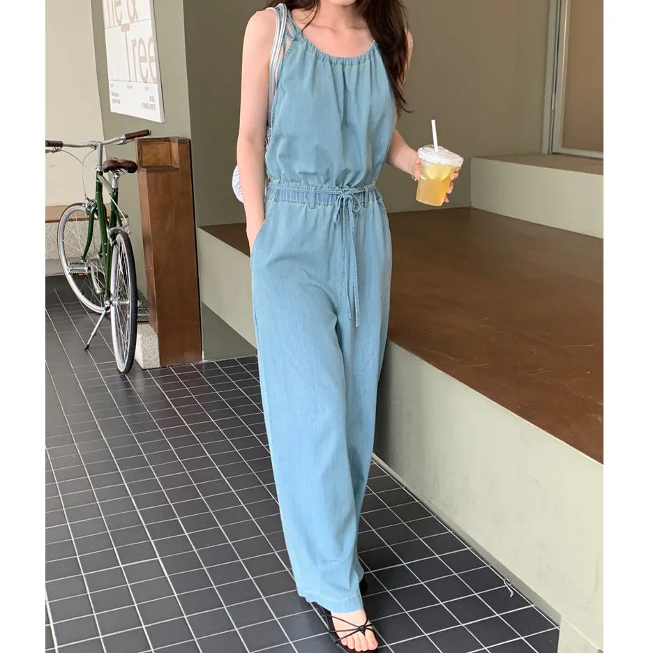 Sleeveless Elastic Waist Tie Straight Denim Jumpsuit