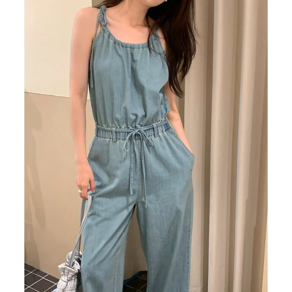 Sleeveless Elastic Waist Tie Straight Denim Jumpsuit