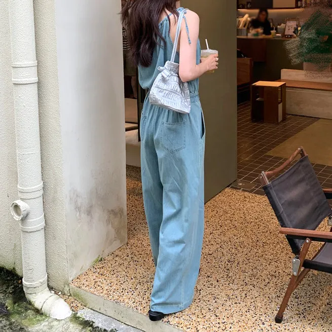 Sleeveless Elastic Waist Tie Straight Denim Jumpsuit