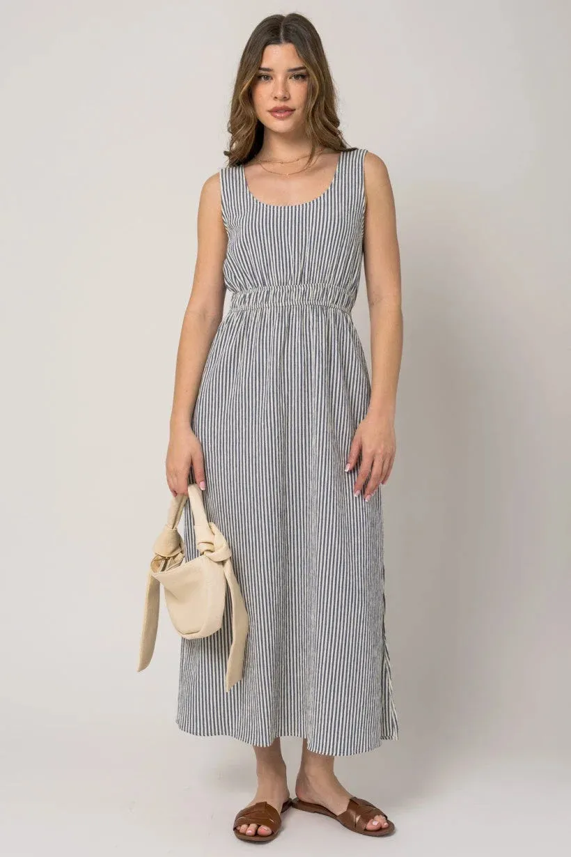 SLEEVELESS STRIPE SIDE SLIT MAXI DRESS