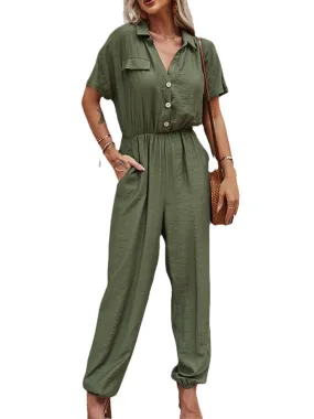 Solid Color Button Pocket High Elastic Waist Loose Jumpsuit