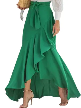 Solid Color High Waist Ruffle High Low Hem Swing Maxi Skirts For Women