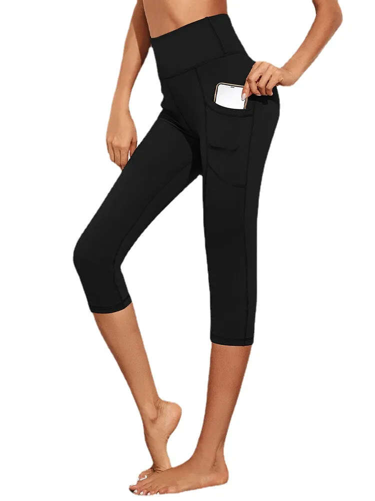 Solid Color Patchwork Pocket Elastic High Waist Cropped Running Jogging Women Yoga Leggings