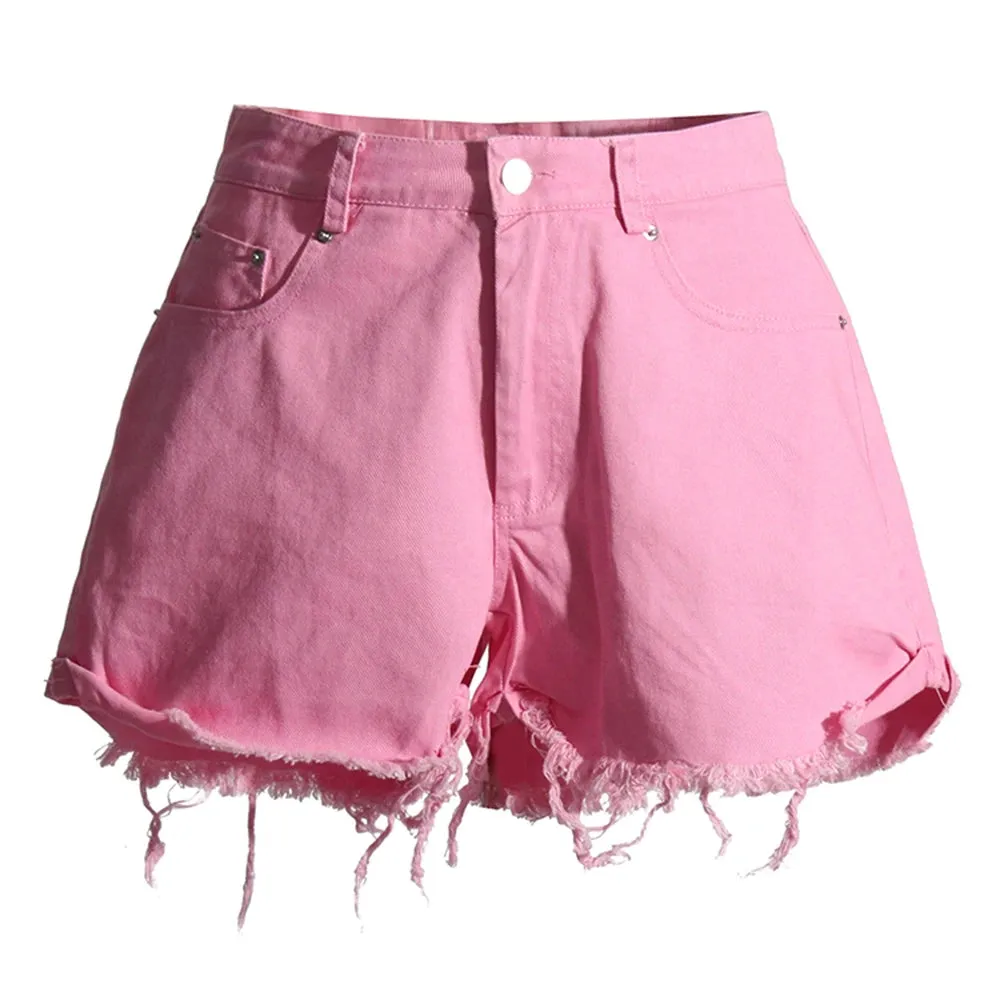 Solid Denim Shorts For Women High Waist Patchwork Hole Summer Casual Minimalist Short Female Fashion Clothing