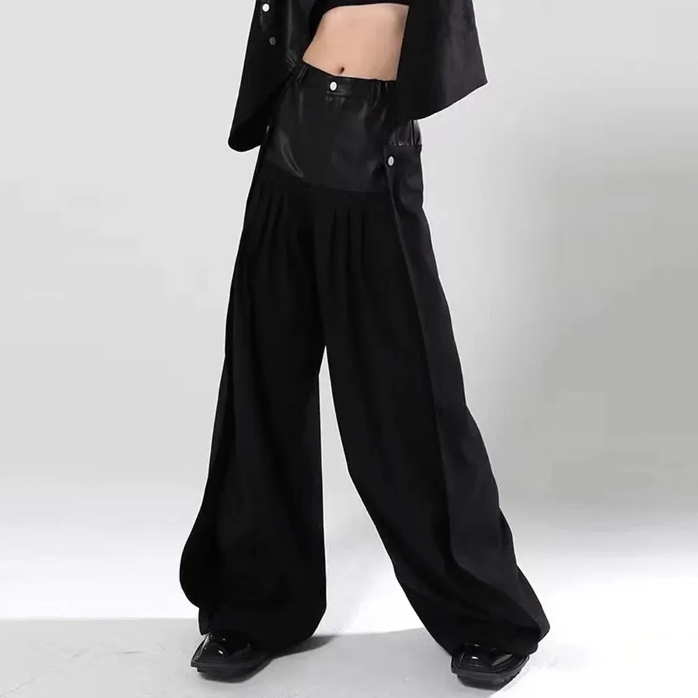 Solid Patchwork Leather Casual Loose Pants For Women High Waist Spliced Button Minimalist Wide Leg Pant Female