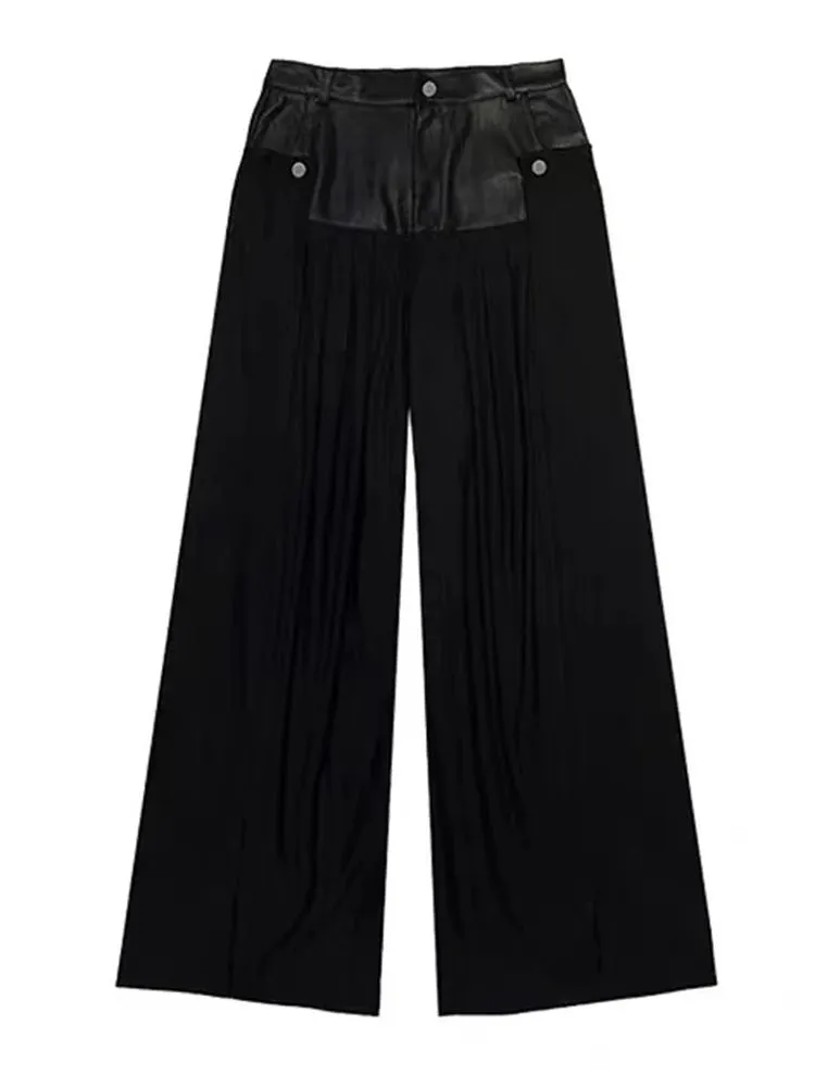 Solid Patchwork Leather Casual Loose Pants For Women High Waist Spliced Button Minimalist Wide Leg Pant Female