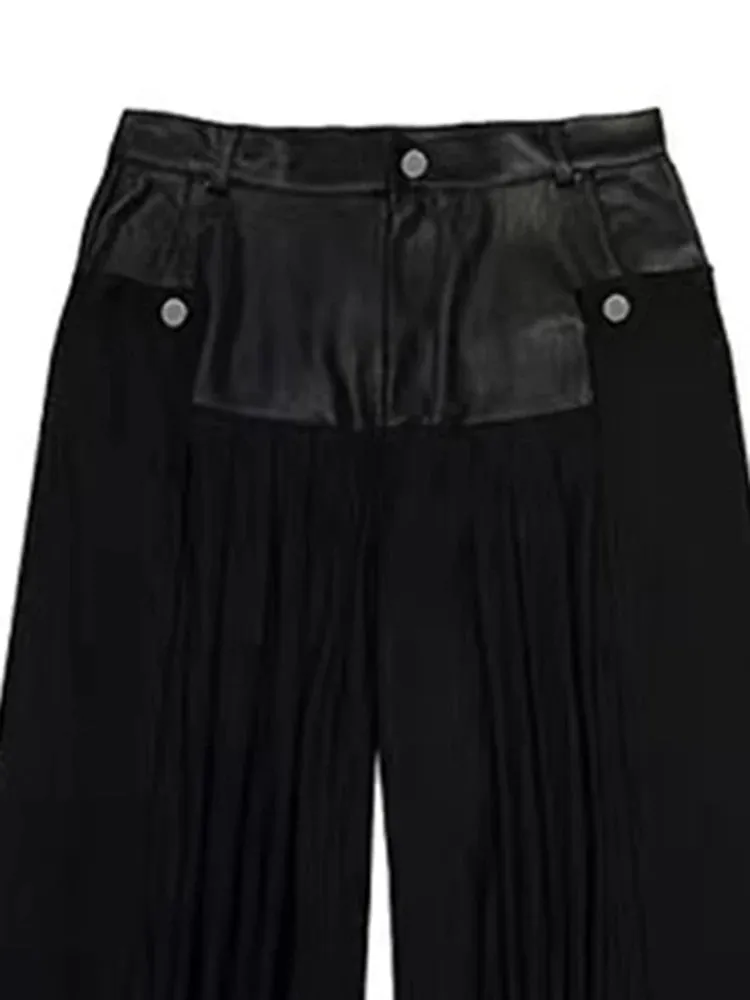 Solid Patchwork Leather Casual Loose Pants For Women High Waist Spliced Button Minimalist Wide Leg Pant Female