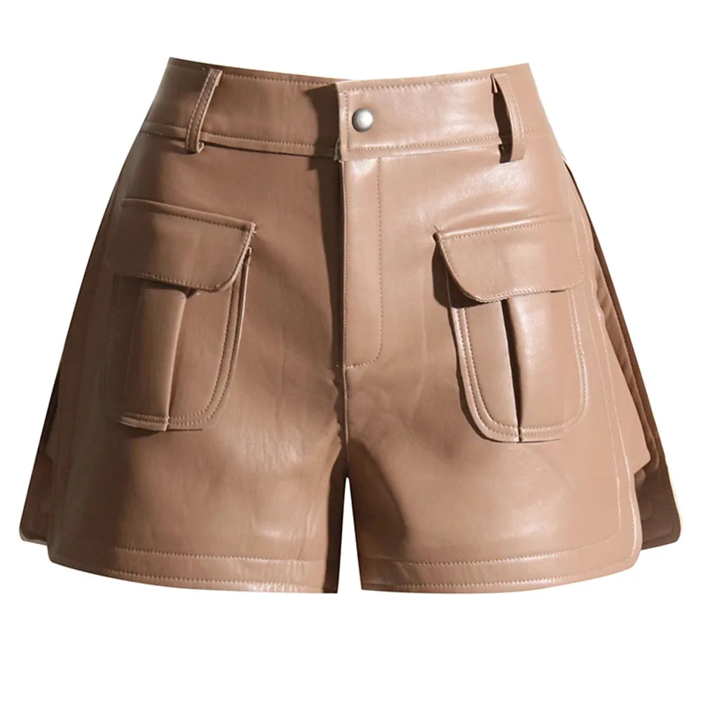 Solid Patchwork Pockets Leather Shorts For Women High Waist Spliced Button Minimalist Temperament Short Pant Female