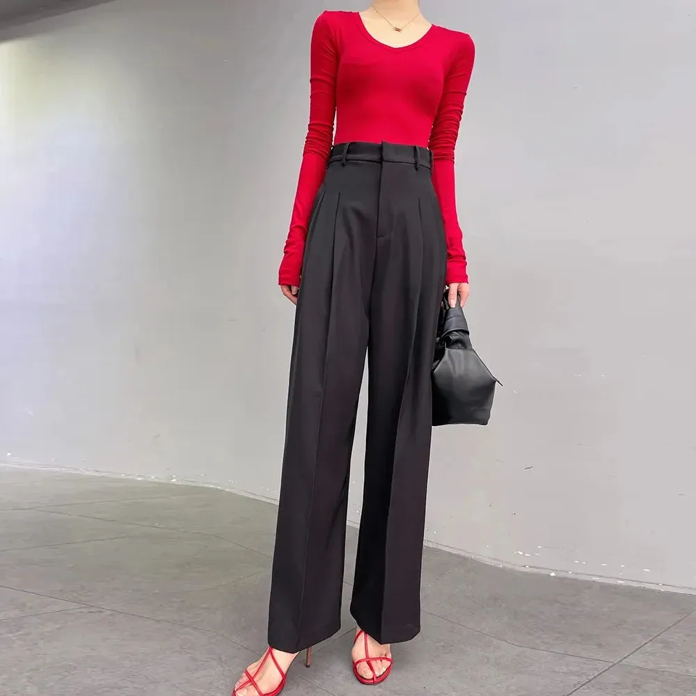 Solid Patchwork Pockets Loose Pants For Women High Waist Minimalist Wide Leg Pant Female Fashion Clothing