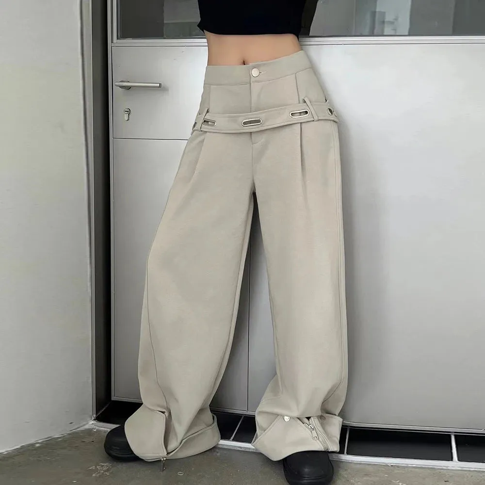 Solid Patchwork Zipper Casual Loose Pants For Women High Waist Minimalist Wide Leg Pant Female Fashion Clothes